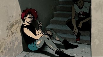 Movie still from “Waltz with Bashir” (2008), directed by Ari Folman – A woman sitting on the ground next to another woman; Medium shot, Overhead angle