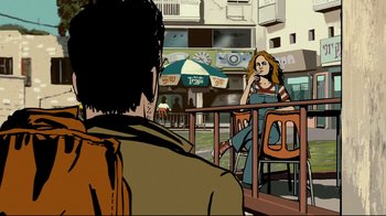 Movie still from “Waltz with Bashir” (2008), directed by Ari Folman – A woman sitting at a table in front of a man with an umbrella; Medium shot, Over the shoulder angle