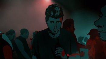 Movie still from “Waltz with Bashir” (2008), directed by Ari Folman – A painting of a man in a dark room; Close Up shot, Low angle