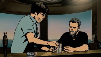 Movie still from “Waltz with Bashir” (2008), directed by Ari Folman – Two men sitting at a table and one of the men is holding a cup; Medium shot, Low angle