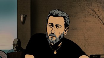 Movie still from “Waltz with Bashir” (2008), directed by Ari Folman – An illustration of a man with a gray beard; Close Up shot, High angle