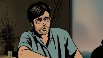 Movie still from “Waltz with Bashir” (2008), directed by Ari Folman – An illustration of a man wearing glasses and a blue shirt; Close Up shot, High angle