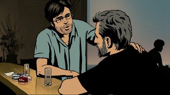 Movie still from “Waltz with Bashir” (2008), directed by Ari Folman – Two men sitting at a table with a glass of water; Medium shot, Over the shoulder angle