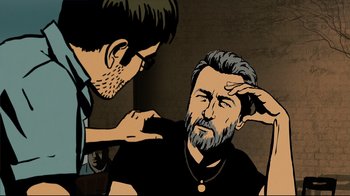 Movie still from “Waltz with Bashir” (2008), directed by Ari Folman – A cartoon of a man touching another man's hair; Medium shot, High angle