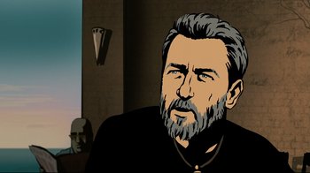 Movie still from “Waltz with Bashir” (2008), directed by Ari Folman – An illustration of a man with a gray beard; Close Up shot, Over the shoulder angle