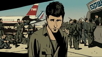 Movie still from “Waltz with Bashir” (2008), directed by Ari Folman – An illustration of a man in front of a plane; Close Up shot, Over the shoulder angle