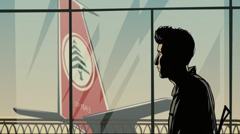 Movie still from “Waltz with Bashir” (2008), directed by Ari Folman – A man standing in front of an airplane window; Close Up shot, Over the shoulder angle