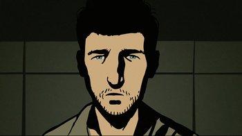 Movie still from “Waltz with Bashir” (2008), directed by Ari Folman – A person's face in a painting; Close Up shot, Overhead angle