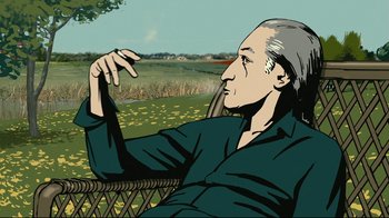 Movie still from “Waltz with Bashir” (2008), directed by Ari Folman – An old man sitting on a bench in a field; Medium shot, Low angle