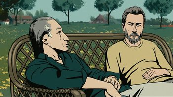 Movie still from “Waltz with Bashir” (2008), directed by Ari Folman – Two people sitting on a bench holding hands in front of a fence; Medium shot, Low angle