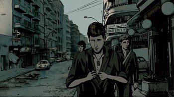 Movie still from “Waltz with Bashir” (2008), directed by Ari Folman – A man in a suit is standing in the middle of a street; Medium shot, Over the shoulder angle