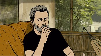 Movie still from “Waltz with Bashir” (2008), directed by Ari Folman – A man sitting in a chair with his hand under his chin; Close Up shot, High angle