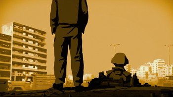 Movie still from “Waltz with Bashir” (2008), directed by Ari Folman – A man standing next to a man sitting on the side of a building; Wide shot, Low angle