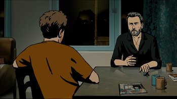 Movie still from “Waltz with Bashir” (2008), directed by Ari Folman – Two men sitting at a table in front of each other; Medium shot, Over the shoulder angle