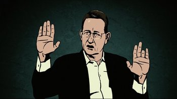 Movie still from “Waltz with Bashir” (2008), directed by Ari Folman – A man in a black suit and white shirt holding his hands up in the air; Close Up shot, Over the shoulder angle