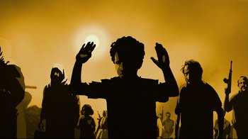 Movie still from “Waltz with Bashir” (2008), directed by Ari Folman – A group of people standing in front of the sun; Medium shot, Overhead angle