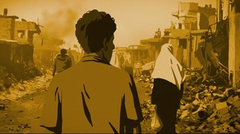 Movie still from “Waltz with Bashir” (2008), directed by Ari Folman – An image of a man and a woman walking through the rubble; Medium shot, Over the shoulder angle