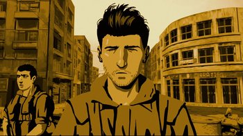 Movie still from “Waltz with Bashir” (2008), directed by Ari Folman – An illustration of a man in a hooded sweatshirt; Close Up shot, Low angle