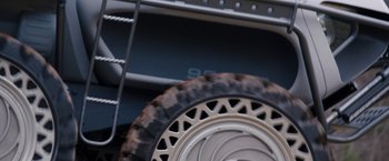 Movie still from “WandaVision” (2021), directed by Matt Shakman – View of the tire of a vehicle; Extreme Close Up shot, Low angle