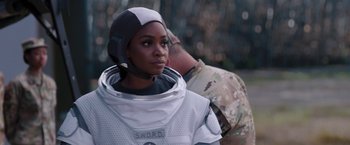 Movie still from “WandaVision” (2021), directed by Matt Shakman – A woman in a space suit and a man in a helmet; Close Up shot, Over the shoulder angle