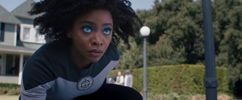 Movie still from “WandaVision” (2021), directed by Matt Shakman – A person with blue eyes; Close Up shot, Over the shoulder angle