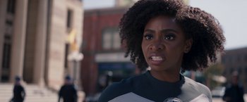 Movie still from “WandaVision” (2021), directed by Matt Shakman – A person with a black and white shirt; Close Up shot, Over the shoulder angle