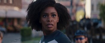 Movie still from “WandaVision” (2021), directed by Matt Shakman – A person with a black and white shirt on; Close Up shot, Over the shoulder angle