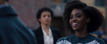 Movie still from “WandaVision” (2021), directed by Matt Shakman – Two women standing next to each other on a sidewalk; Close Up shot, Over the shoulder angle