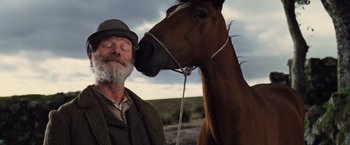 Movie still from “War Horse” (2011), directed by Steven Spielberg – An old man and a horse in a field; Close Up shot, Low angle