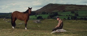 Movie still from “War Horse” (2011), directed by Steven Spielberg – A man sitting in a field next to a horse; Wide shot, Low angle