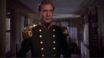 Movie still from “War and Peace” (1956), directed by King Vidor – A person wearing a uniform; Medium shot, Low angle