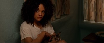 Movie still from “War on Everyone” (2016), directed by John Michael McDonagh – A woman sitting on a couch holding a cat; Close Up shot, Over the shoulder angle