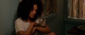 Movie still from “War on Everyone” (2016), directed by John Michael McDonagh – A woman sitting on a couch holding a cat; Close Up shot, High angle