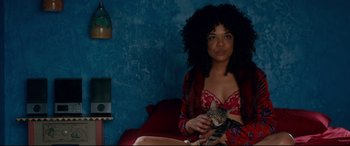 Movie still from “War on Everyone” (2016), directed by John Michael McDonagh – A woman sitting on a couch holding a cat; Medium shot, High angle