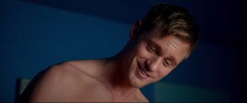 Movie still from “War on Everyone” (2016), directed by John Michael McDonagh – A man's face with his eyes closed; Close Up shot, Over the shoulder angle