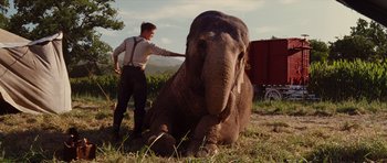 Movie still from “Water for Elephants” (2011), directed by Francis Lawrence – An elephant laying on the ground with a man standing next to it; Wide shot, Low angle