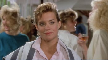 Movie still from “Weekend at Bernie's” (1989), directed by Ted Kotcheff – A person wearing a shirt and jacket; Close Up shot, Over the shoulder angle