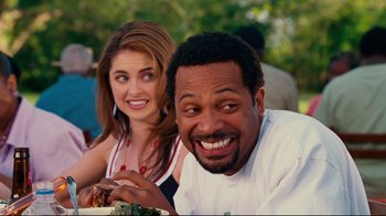 Movie still from “Welcome Home, Roscoe Jenkins” (2008), directed by Malcolm D. Lee – A man and a woman are smiling for the camera; Close Up shot, Over the shoulder angle