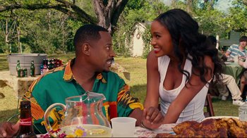 Movie still from “Welcome Home, Roscoe Jenkins” (2008), directed by Malcolm D. Lee – A man and a woman sitting at a picnic table; Medium shot, Over the shoulder angle