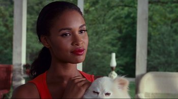 Movie still from “Welcome Home, Roscoe Jenkins” (2008), directed by Malcolm D. Lee – A beautiful woman holding a white fluffy cat; Close Up shot, Over the shoulder angle