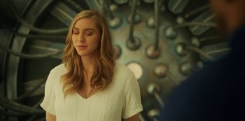 Movie still from “Another Life” (2019), created by Aaron Martin – A beautiful blonde haired woman wearing a white shirt; Close Up shot, Over the shoulder angle