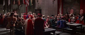 Movie still from “Westworld” (1973), directed by Michael Crichton – A group of people dressed in medieval costumes; Wide shot, High angle