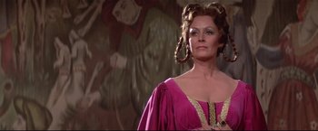 Movie still from “Westworld” (1973), directed by Michael Crichton – A person wearing a dress; Close Up shot, Low angle