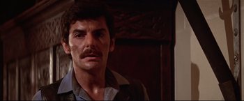 Movie still from “Westworld” (1973), directed by Michael Crichton – A person with a mustache; Close Up shot, Low angle