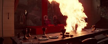 Movie still from “Westworld” (1973), directed by Michael Crichton – A fire is burning in the middle of a stage; Wide shot, High angle