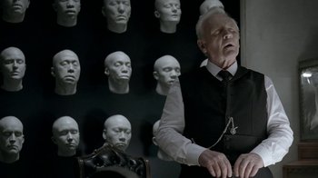 Movie still from “Westworld” (2016), created by Lisa Joy – An old man in a black shirt and a white shirt; Close Up shot, Over the shoulder angle