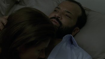 Movie still from “Westworld” (2016), created by Lisa Joy – A man and a woman laying in a bed together; Close Up shot, Overhead angle