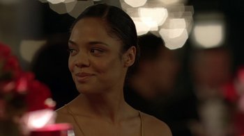 Movie still from “Westworld” (2016), created by Lisa Joy – A person wearing a necklace; Close Up shot, Over the shoulder angle