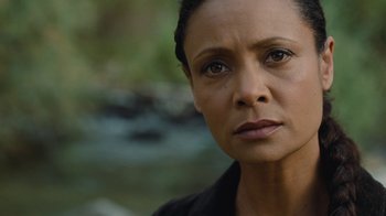 Movie still from “Westworld” (2016), created by Lisa Joy – A person looking at the camera; Close Up shot, Over the shoulder angle
