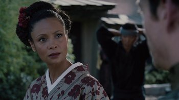 Movie still from “Westworld” (2016), created by Lisa Joy – A woman in a kimono standing in front of a man; Close Up shot, Over the shoulder angle